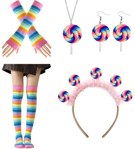 Candy Kostüm Süßigkeitenkostüm Set, Süßigkeiten Lollipop Kostüme für Damen, Fasching Karneval Lollipop Haarreif Haarschmuck, Fingerlose Handschuhe, Ohrringe, Halskette Candy Kostüm Cosplay