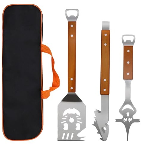 GoldOars 3 Pcs Multifunction Barbecue Tool Set for Men Gift Birthday with Grill Spatula, Tongs, Fork Heavy Duty Barbecue Accessories Kit with Bag for Outdoor Camping