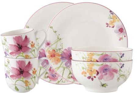 Villeroy & Boch Mariefleur Basic Breakfast Set, 6 Pieces, Service with Country House Flair, Premium Porcelain, Dishwasher and Microwave Safe, White/Multi-Coloured