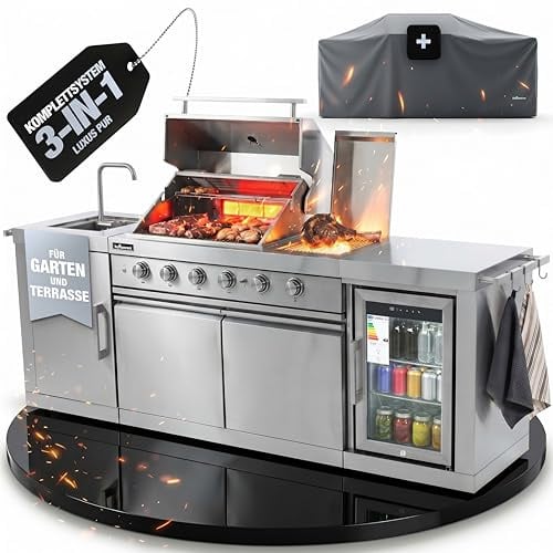 Flammenwerk Outdoor Küche Edelstahl 6 Brenner 24,1 kW Spüle & Kühlschrank | Inkl. Abdeckhaube - 4 Langlebige Edelstahlguss-Hauptbrenner - Infrarot-Seitenbrenner - Hot Zone - 248 x 63,5 x 121 cm