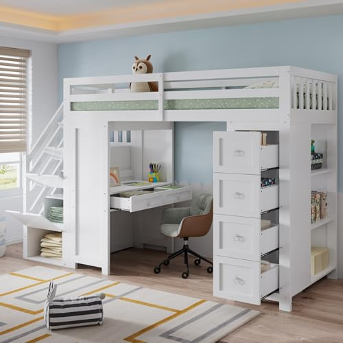 Letto a Soppalco con Scrivania, Scala, 6 Cassetti, 90x200 cm. Bianco | Letto Singolo per Bambini e Adulti, Cameretta, Scala a Gradini contenitore, Libreria a 3 ripiani, Legon in Pino,