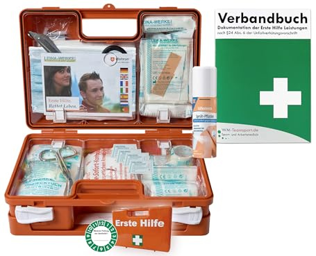 Erste-Hilfe-Koffer QUICK Inkl. SPRÜHPFLASTER nach aktueller DIN/EN 13157 für Betriebe inkl. Verbandbuch