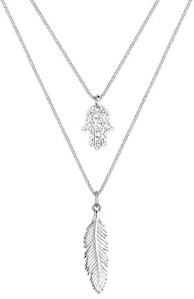 Elli Halskette Silber 925 Layer Feder Hamsa Hand Anhänger Kette Damen Kristall Schmuck Geschenke für Frauen Mädchen Mama Freundin, Lagen Silberkette Länge 45 cm