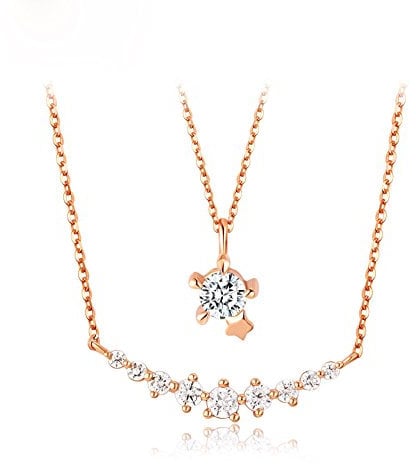 Daesar 18K Rose Gold Necklace for Women Diamond Moon and Stars Double Layer Rose Gold Necklace Pendant