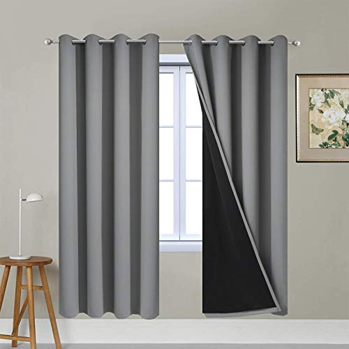 Yakamok Soft and Smooth Curtains, 100% Blackout Curtains for Bedroom, 2 Thick Layers, Thermal Insulated, Curtains with Black Inserts (52 W x 63 L, Grey, One Pair)