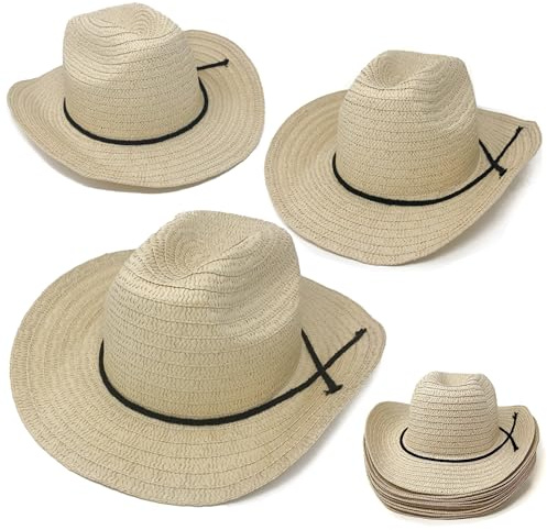 Podzly Straw Cowboy Hats 12 Pack – 24 Circumference Western Style for Men & Women – Bulk Cowboy Hats for Parties, Concerts, Birthdays & Outdoor Events – Cowgirl Hats & Themed Accessories – Plain