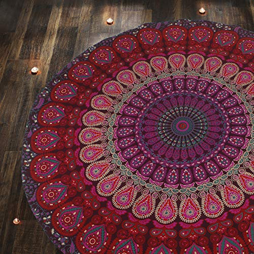 RAJRANG BRINGING RAJASTHAN TO YOU Runder Pfauenteppich Rosa und lila182 cm Psychedelic Mandala Roundie Tischdecke Boho Chic Baumwollüberwürfe für Picknick Camping