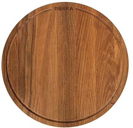 BOSKA Pizzabrett Friends L/Servierbrett aus Eichenholz/Pizza, Tapas und andere Speisen/Praktische Auffangrinne/Braun / ⌀ 34 cm