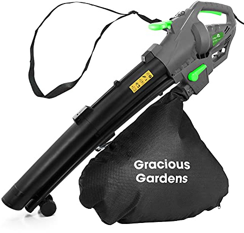 Gracious Gardens 3000W Leaf Blower and Vacuum, 3-in-1 Garden Shredder | 167mph airflow with 3-in-1 blowing, vacuuming and shredding, 10:1 mulch ratio, 35L bag, wheels, shoulder strap and 10m cable.