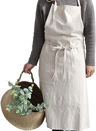 Uheim Hochwertige Schürze aus Leinen, Einheitsgröße, verstellbare Küchenschürze mit großer Tasche, 9 Farben für Damen und Herren, Kittel für Frauen, japanischer Koch-Stil, Schürze für Köche(Beige)