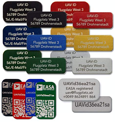 UAV-ID Drohnen Kennzeichen | Schwarz 20x11mm QR | Aluminium Lasergraviert | Selbstklebend | E-ID Registrierungsnummer | Plaketten Aufkleber