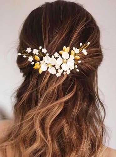 Edary Hochzeit Blume Haar Rebe Gold Perle Stirnband Braut Blatt Kopfschmuck Haarschmuck für Frauen Braut