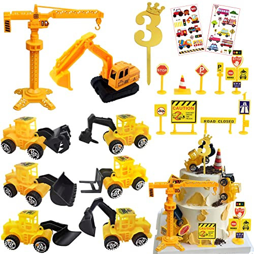 Tortendeko Baustelle 3 Jahre, 20 Stück Bagger Kuchendeko 3. Geburtstag Junge, Metall Kunststoff Baustellenfahrzeuge Verkehrsschilder Kinder, Baustelle Spielzeug Kuchen Deko Junge