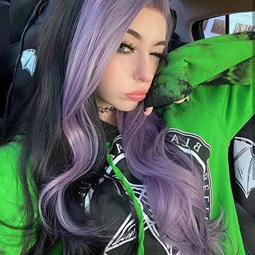 AFBeauty Half Purple and Black Lace Front Wig for Women Long Wavy 2T Color with Realistic Hairline Wig Synthetic Heat Resistant Fiber Drag Queen Cosplay Wigs