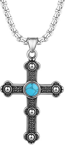 Flongo Herren Halskette Kreuz mit blauem Türkis Halskette aus Edelstahl einzigartig modisch Kreuz Anhänger Silber Halskette