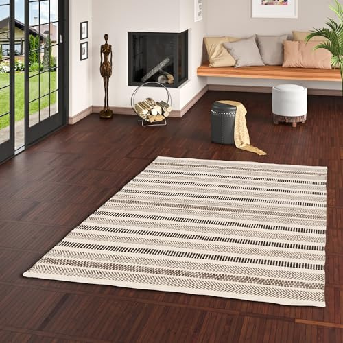 Natur Teppich Wolle Handgewebt Rana Beige Braun Streifen in 7 Größen