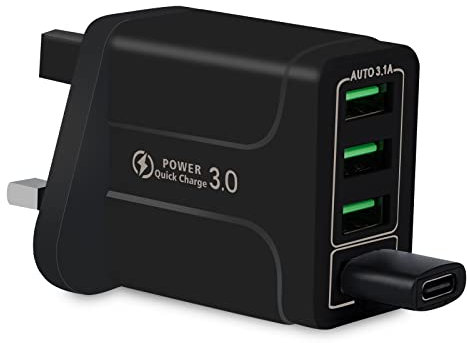 Mr.x saber Multi USB fast charger plug,4 A Port plug UK,USB for iPhone 13/13 Mini/13 Pro Max/12/12 Pro/11/XS Max/XR,iPad Pro,Galaxy S21 S20 S10 (Gift:USB C to Adapter)(Black)