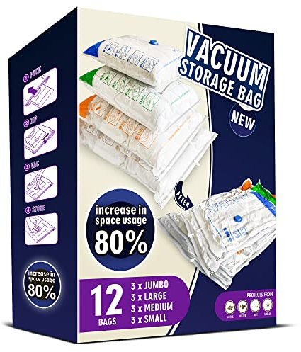 Storage Master Space Saver Bags for Travel and Home Reusable Vacuum Storage Bags Save 80% More Storage Space Work with Vacuum Cleaner (12 Pack, No Pump Included)