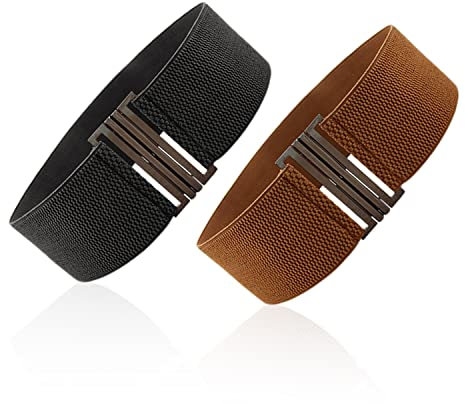 TIANNAIT 2 elastische Taillengürtel für Frauen, breite Taillengürtel für Frauen, klassischer Vintage-Gürtel, elastische Taillengürtel Damengürtel, 25,5 Zoll lang, 3 Zoll breit, Schwarz und Kamel.