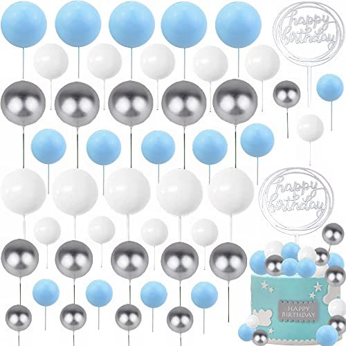 Kiwochy 46 Stück Happy Birthday Tortendeko Kugeln Blau und Silber - Kuchen Schaumkugeln Cupcake Topper für Geburtstag und Hochzeit