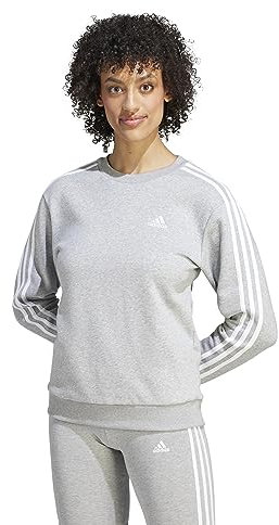 adidas Donna Essentials 3-Stripes Fleece Sweatshirt, Medium Grey Heather/White, M