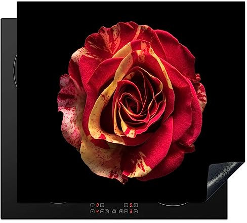 KitchenYeah© Herdabdeckplatte Einteilig Küche Herdabdeckung Induktionsfeld Ceranfeld Herdabdeckplatten Vinyl Matte Aufrollbar Blumen - Rose - Rot - Schwarz - Modern - 60x52 cm