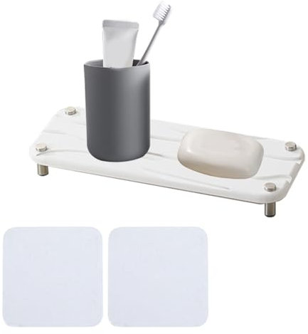 Tefola 3PCS Water Absorbing Diatomite Coasters, Instant Dry Sink Tray, Fast Drying Stone Organizer, Countertop Soap Holder Dish for Cups, Cosmetic Bottles, Home, Bathroom and Kitchen (White)