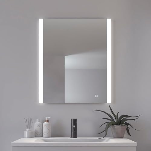 Loevschall Vega Square Spiegel mit Beleuchtung, 60x70 cm, Smart LED Spiegel Dimmbar mit Touch-Funktion, Badezimmerspiegel mit LED-Front- und Hintergrundbeleuchtung, CRI 90 für Natürliche Farben, IP44