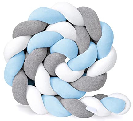 NYCUBE Bettschlange Geflochten, kopfschutz Gestrickt, Knotenkissen, Seitenschläferkissen, Bettumrandung Kantenschutz, Kopfschutz Bettumrandung, Weiß/Grau/Hellblau, 400cm