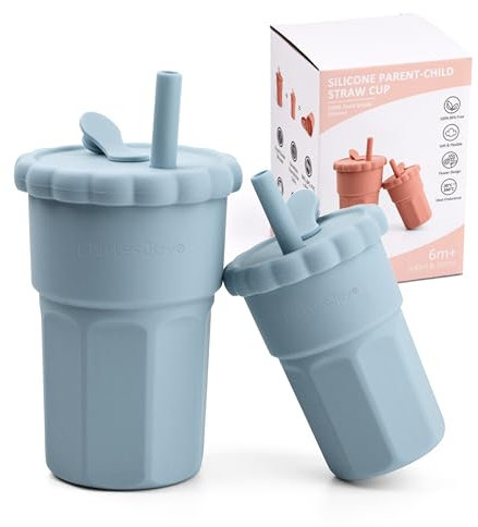 LittlesJoy Silikon-Eltern-Kind-Strohbecher, BPA-frei, hitzebeständig, Silikon-Trinkhalm-Babybecher-Set, Silikonbecher für große Kinder, Kleinkinder, Babyartikel (Äther)
