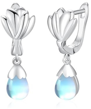 Mondstein Lotus Ohrringe Damen - 925 Sterling Silber Mondstein Creolen Lotus Blumen Ohrringe - Schmuck Geschenke für Mädchen und Muttertag