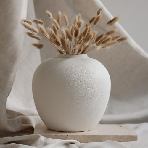 Vases for Flowers TheCozyBay Vase – White Ceramic Flower Vase with Furniture-Friendly Base, Minimalist 20 cm Round, Leak-proof, Modern Home Decor
