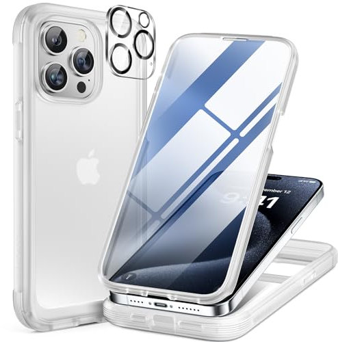 Miracase Glass Case for iPhone 15 Pro Max Case 6.7-Inch, Full Body Bumper Clear Back Cover and Built-in 9H Tempered Glass Screen Protector + Camera Lens Protector (Matte Clear)