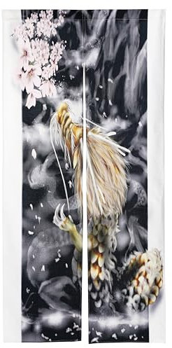 next.design Noren Türvorhang im japanischen Stil mit einem Bild von Drachen und Sakura gedruckt (Muster 1)