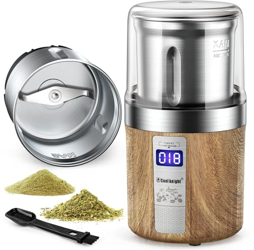 COOL KNIGHT Moulin à herbes, moulin à épices, moulin électrique avec minuterie, lames en acier inoxydable 304 et bol amovible en acier inoxydable, grande capacité pour moudre rapidement les épices,