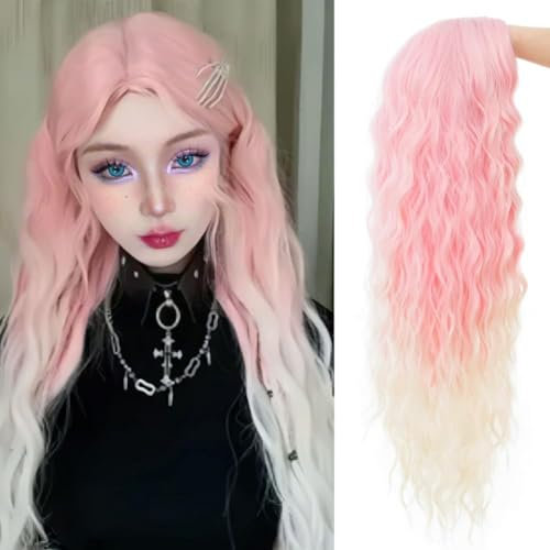 Salaibs Parrucche ricci da rosa a bianco da donna rosa sfumato rosa lungo ondulato parrucca di capelli anime, parrucca sintetica resistente al calore, parrucca per cosplay e Halloween