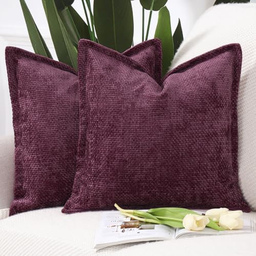Madizz 2er Set Chenille Samt mit Rand Kissenbezüge Weiche Dekorativ Zierkissenbezüge Modern Kissenhülle für Sofa Wohnzimmer Schlafzimmer Burgunderrot 60x60 cm