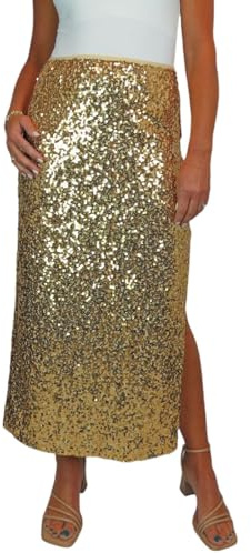 Paulo Due Women's Maxi Sequin Skirt with Side Leg Split Gold (16-18) L