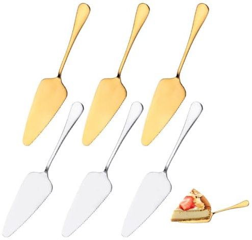 Kellegour 6 Stück Tortenschaufel mit Gezackten Kanten,Edelstahl Poliert Tortenheber,Kuchenheber mit Gezackten Kanten,Tortenheber Aus Edelstahl für Küche,Partys,Hochzeiten,22.8x4.7cm,Gold,Silber