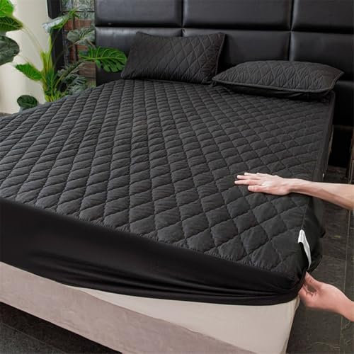 Epinki Betthusse & 2er Kissenbezüge 160x200cm Set 3teilig Faltbar, Spannbettlaken Winter Einfarbig Schwarz Matratzenschutz, Polyester Baumwolle Bett Laken Bezug für Boxspringbett & Wasserbett