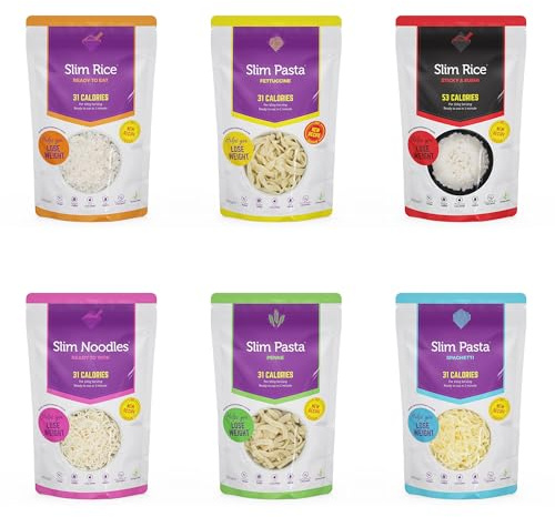Eat Water Slim Pasta & Rice Variety Pack– Konjac Low Carb Noodles, Pasta & Rice Mix, Ready to Eat No Drain Meal Alternatives, Vegan, Gluten Free, Low Calorie & Keto Friendly Multipack 200g (Pack of 6)