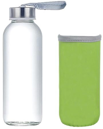 VASANA 420ml/14oz Clear Glass Water Bottle with Stainless Steel Cap and Colorful Nylon Protection Sleeve Refillable Drinking Bottle Juice Beverage Container (Random Color)