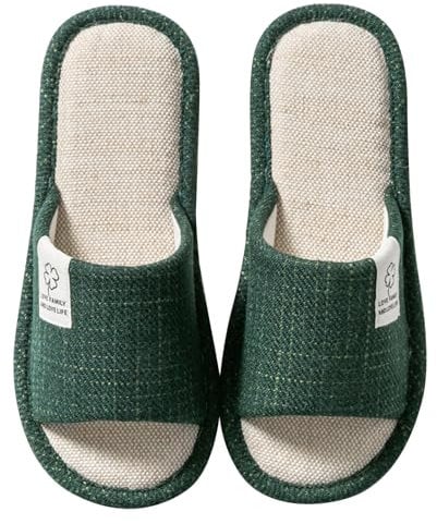 Colexy Hausschuhe Sommer Leinenhausschuhe atmungsaktiv Gästehausschuhe, drinnen Slippers Rutschfeste für Damen Herren zu Hause Hotel (Grün,38-39)