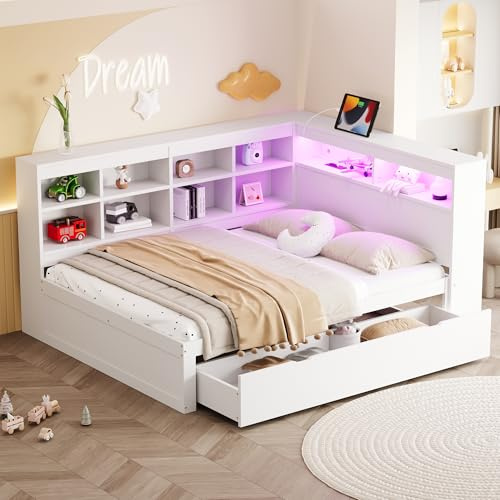 Merax Schlafsofa 140 x 200 cm mit Schubladen, Holz Bett mit USB-Steckdose und LED-Lichtleiste, Weiß (Ohne Matratze)