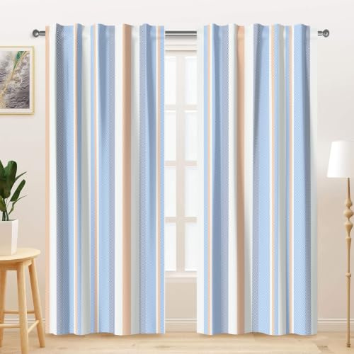 Kzzfqxb 117x183cm Moderne Vorhänge 2 Paneele, Blau Weiß Gelb Gestreifte Verbindungsfarben Nordischer Stil Einfache für Wohnzimmer Schlafzimmer Marineblau Einheitlich
