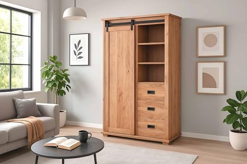 SAM Kleiderschrank Lian | Akazienholz massiv | Farbe: Natur | 100x45x175 cm | 6 Fächer & 3 Schubladen | 1 x Holz-Schiebetür | Gusseiserne Elemente