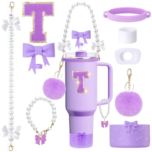 MOTEERLLU 9pcs Purple Stanley Cup Accessories Set for Tumbler 30oz 60oz with Handle,Including Bow Straw Topper and Boot,Pearl Handle Strap &Handle Charm,Initials Sticker