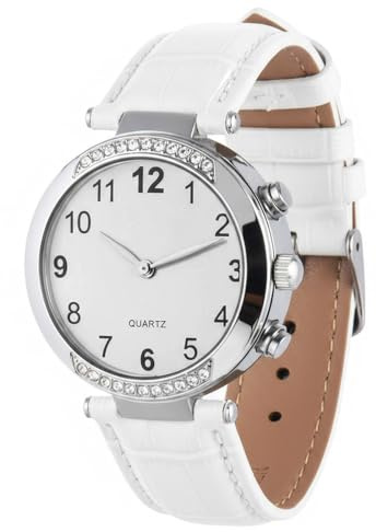 Reloj Parlante para Mujer con Voz Francesa Femenina, Hora y Fecha Parlantes Reloj de Cuarzo Correa de Cuero para Personas con Discapacidad Visual, Seniors, Blanco