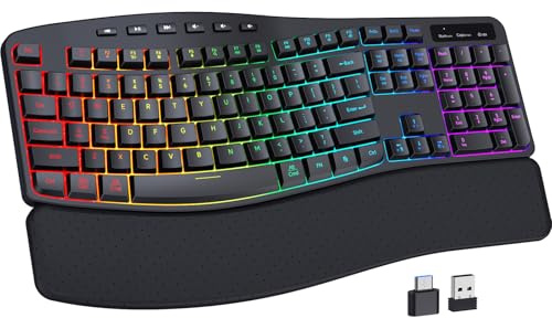 COLIKES Wireless Ergonomic Keyboard, Backlit Keyboard Silent with 15 RGB Lighting Effects, Leather Wrist Rest, 2500mAh Rechargeable, Multimedia Keys, Wave Keyboard for PC Computer Laptop Windows Mac