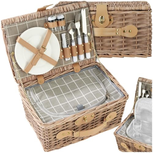 tectake® Panier en Osier avec Couvercle Pique Nique Set Complet 2 pers. avec Assiettes Couverts Tire Bouchon Verres à vin incassables Sac Isotherme salière et poivrière idéal Jardin Camping Plage